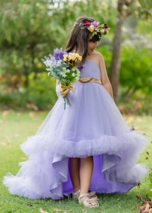 One Shoulder Lavender Tulle High Low Flower Girl Dress